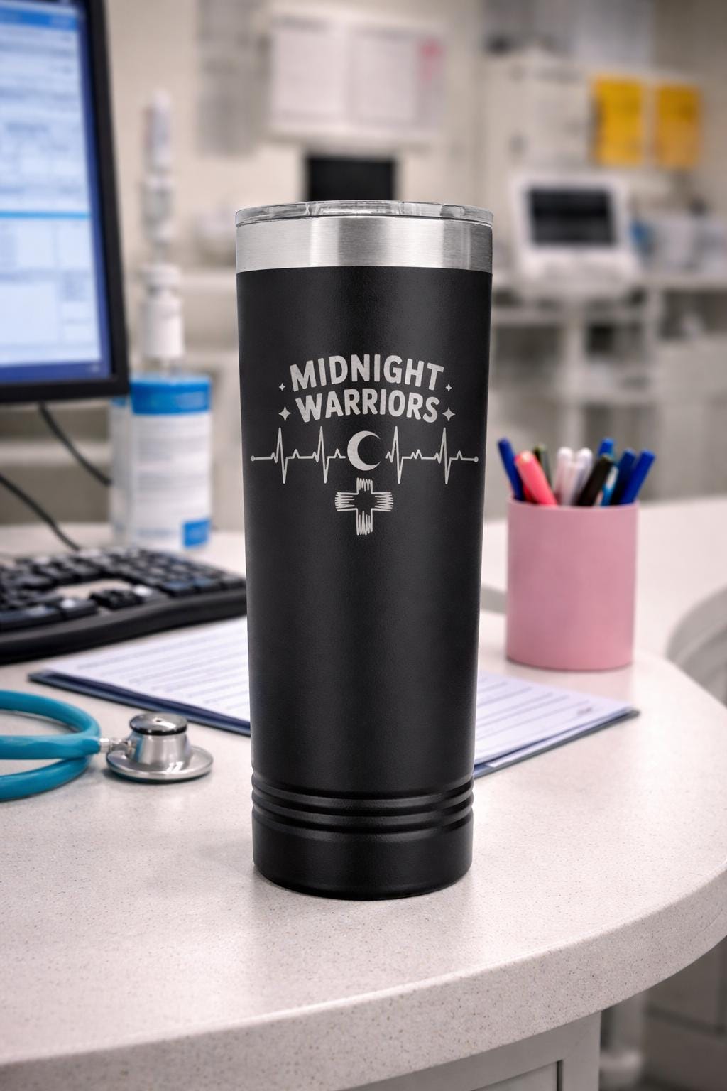 Midnight Warriors 22oz Nurse Tumbler, double wall insulated, shift work coffee cup