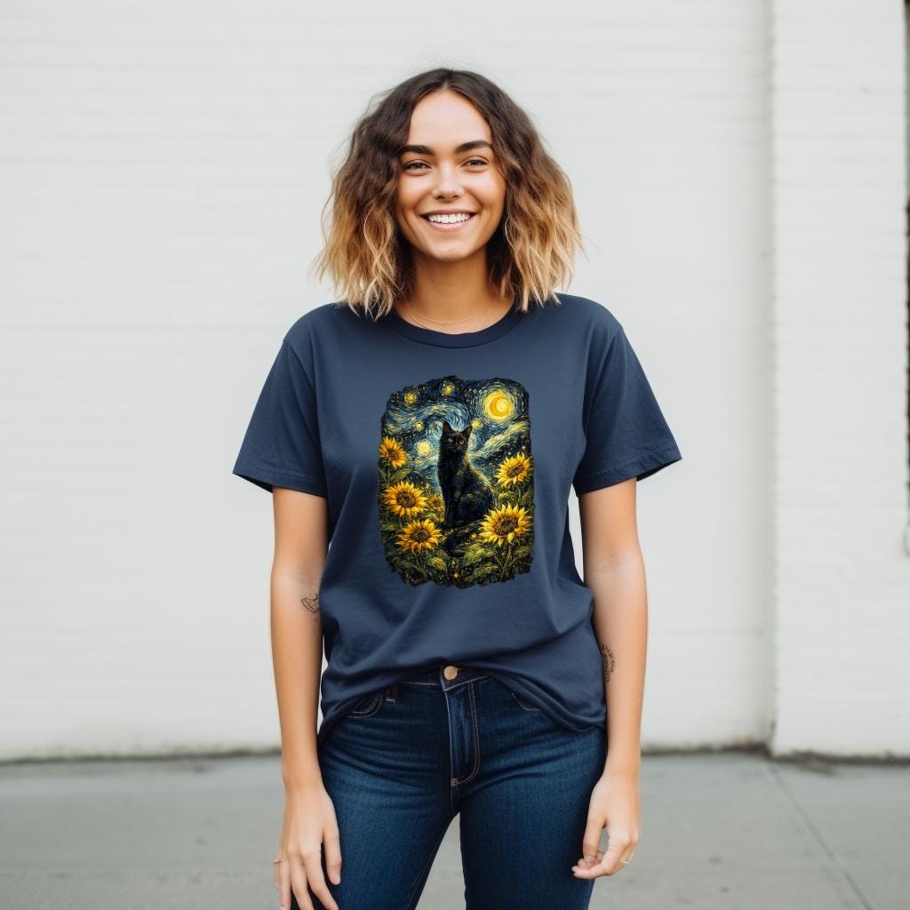 Van Gogh Cat Shirt | Starry Night Cat Tee | Aesthetic Black Cat Art | Sunflower Van Gogh Print Gift