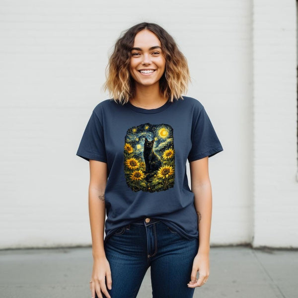 Van Gogh Cat Shirt | Starry Night Cat Tee | Aesthetic Black Cat Art | Sunflower Van Gogh Print Gift