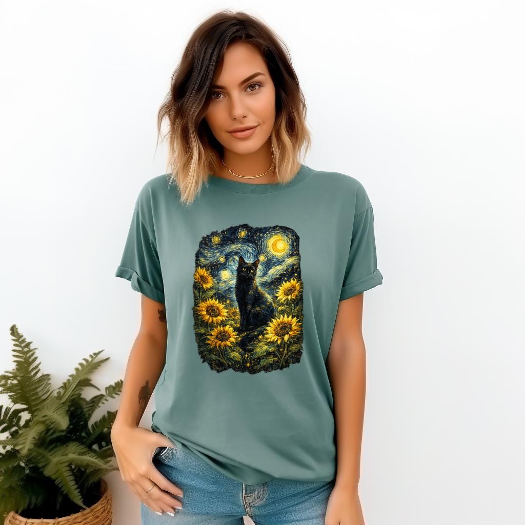 Van Gogh Cat Shirt | Starry Night Cat Tee | Aesthetic Black Cat Art | Sunflower Van Gogh Print Gift
