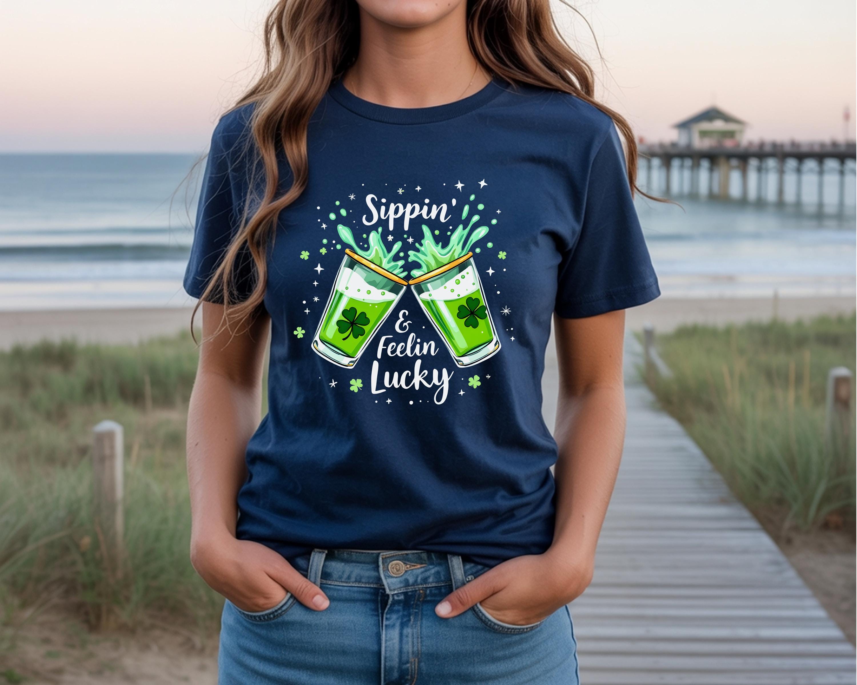 Sippin & Feelin Lucky Shirt, St Patricks Day Graphic Tee, Shamrock Drink Tee, Funny Irish Party Shirt