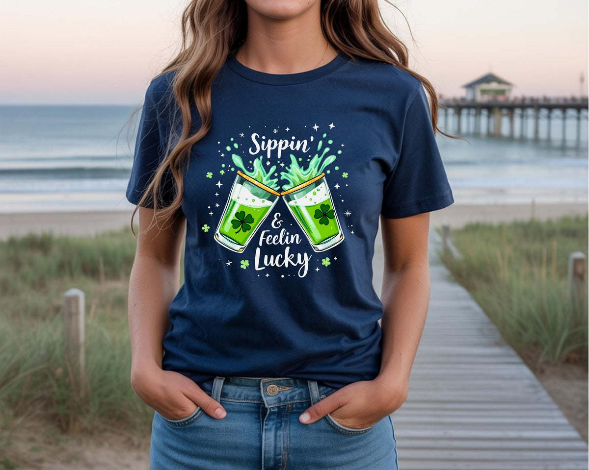 Sippin & Feelin Lucky Shirt, St Patricks Day Graphic Tee, Shamrock Drink Tee, Funny Irish Party Shirt