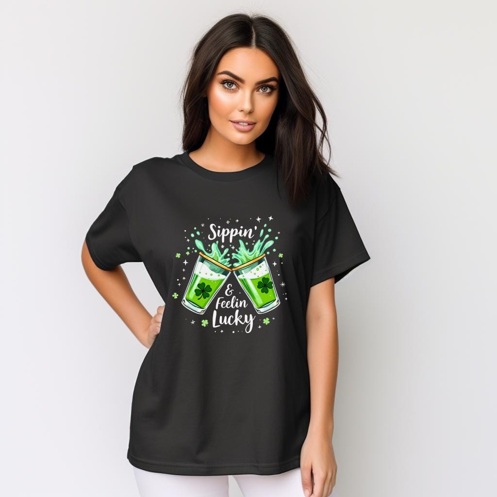 Sippin & Feelin Lucky Shirt, St Patricks Day Graphic Tee, Shamrock Drink Tee, Funny Irish Party Shirt