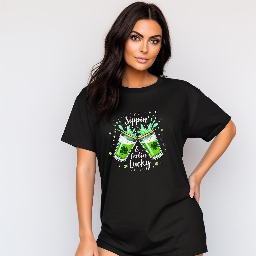 Sippin & Feelin Lucky Shirt, St Patricks Day Graphic Tee, Shamrock Drink Tee, Funny Irish Party Shirt