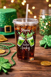 Sippin & Feelin Lucky 16oz Acrylic Tumbler | Irish Green Beer Cup | St Patrick’s Day Party Cup with Straw