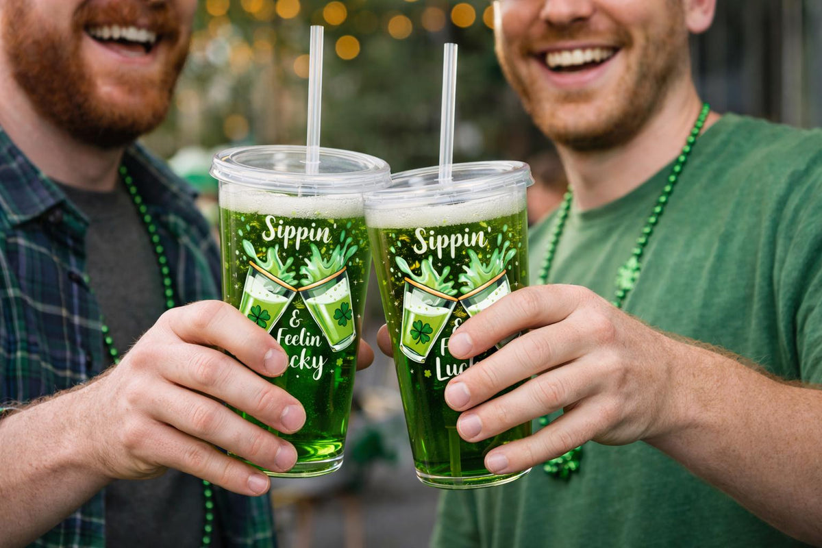 Sippin & Feelin Lucky 16oz Acrylic Tumbler | Irish Green Beer Cup | St Patrick’s Day Party Cup with Straw
