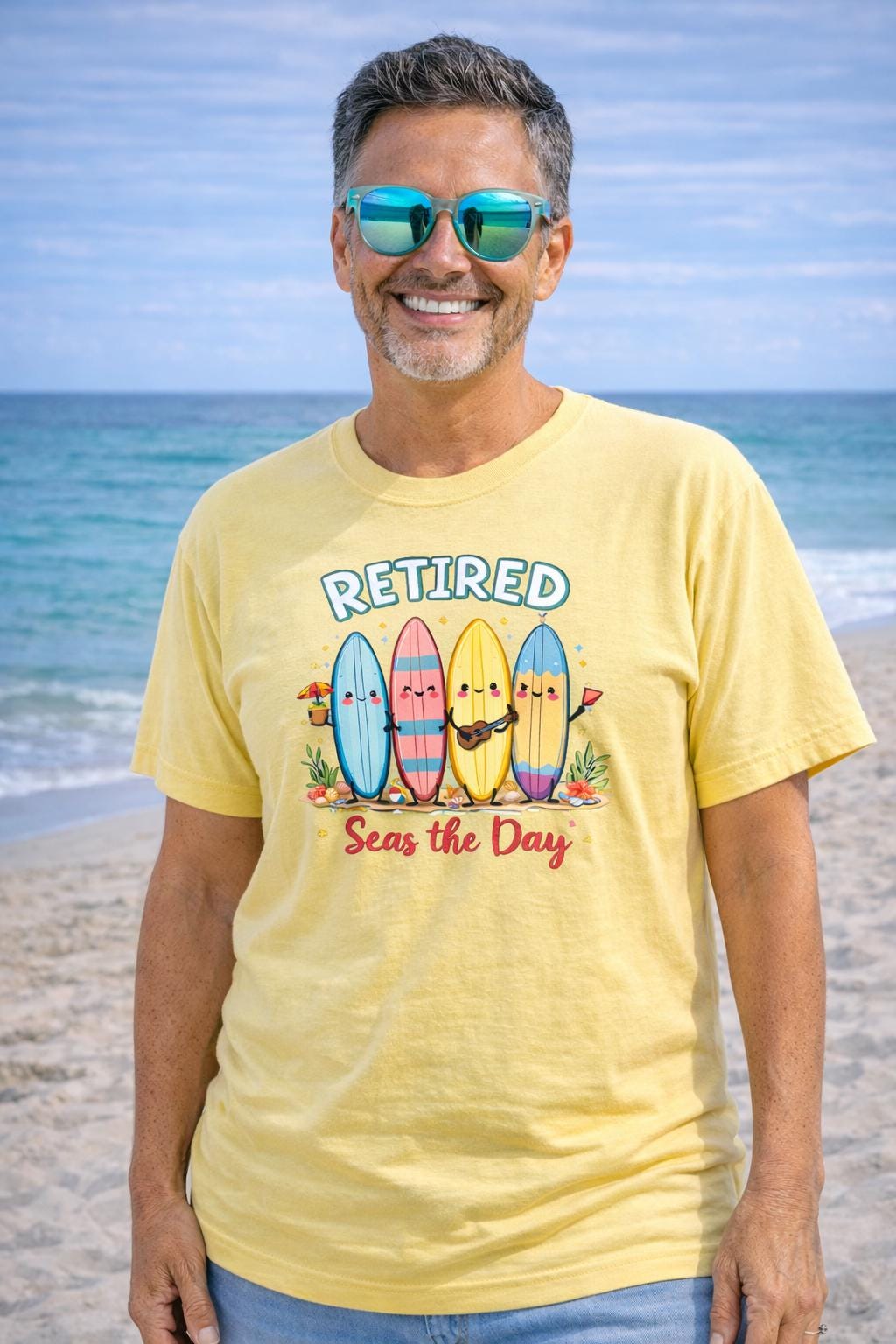 Retirement Shirt Comfort Colors 1717 | Retired Seas the Day Tee | Beach Retirement Gift | Funny Coastal Surfboard Shirt