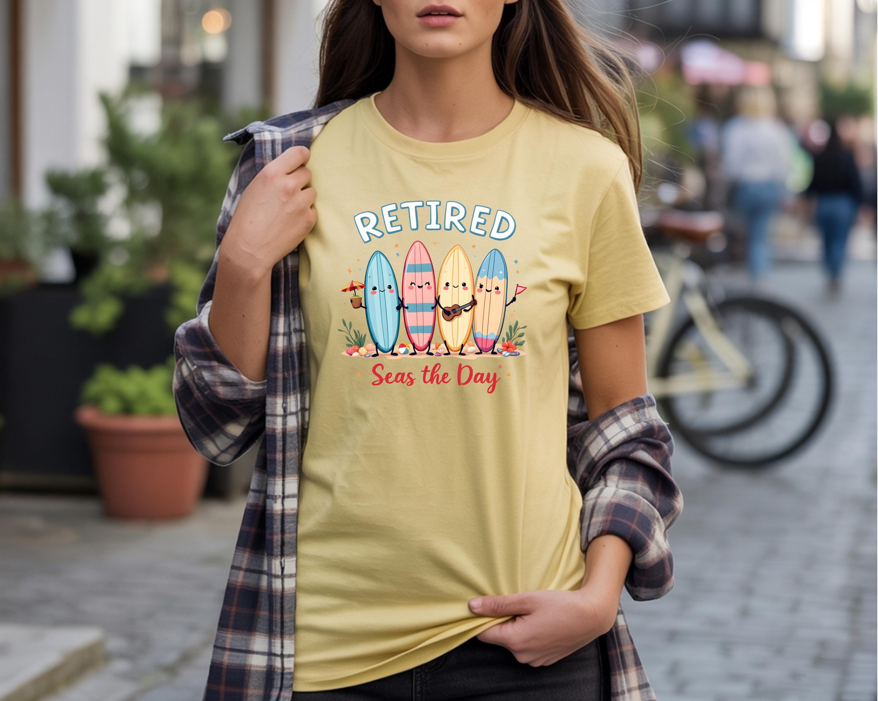 Retirement Shirt Comfort Colors 1717 | Retired Seas the Day Tee | Beach Retirement Gift | Funny Coastal Surfboard Shirt
