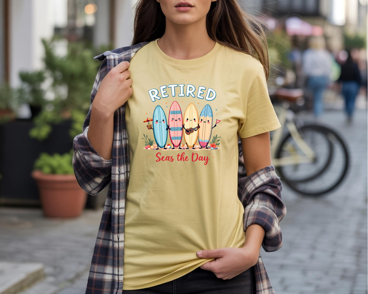 Retirement Shirt Comfort Colors 1717 | Retired Seas the Day Tee | Beach Retirement Gift | Funny Coastal Surfboard Shirt