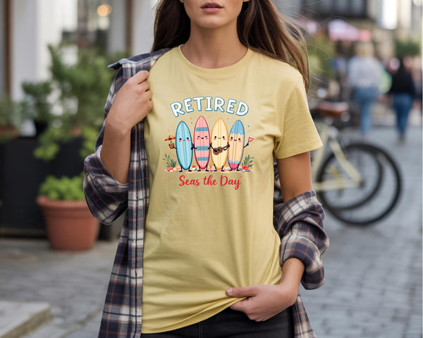 Retirement Shirt Comfort Colors 1717 | Retired Seas the Day Tee | Beach Retirement Gift | Funny Coastal Surfboard Shirt