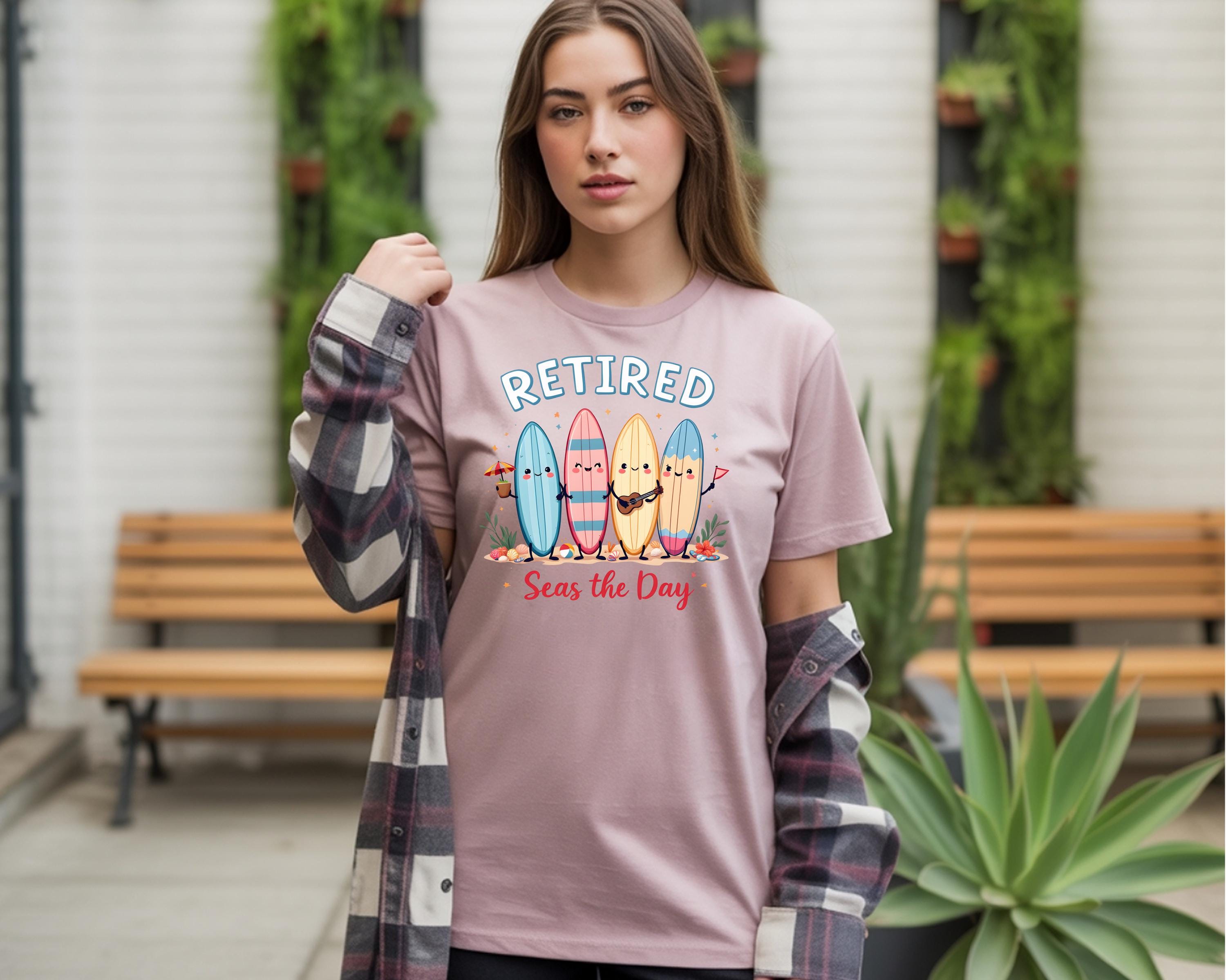 Retirement Shirt Comfort Colors 1717 | Retired Seas the Day Tee | Beach Retirement Gift | Funny Coastal Surfboard Shirt