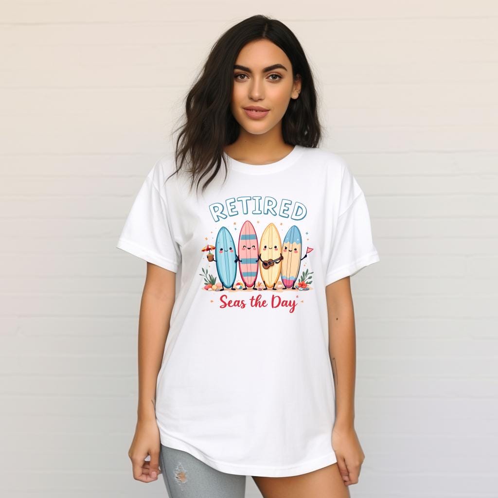 Retirement Shirt Comfort Colors 1717 | Retired Seas the Day Tee | Beach Retirement Gift | Funny Coastal Surfboard Shirt