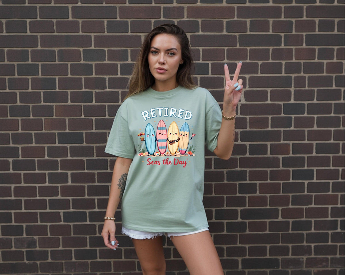 Retirement Shirt Comfort Colors 1717 | Retired Seas the Day Tee | Beach Retirement Gift | Funny Coastal Surfboard Shirt