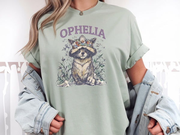 Ophelia Raccoon Shirt, Personalized Name Tee, Cottagecore Animal Graphic, Woodland Aesthetic Shirt, Cute Custom Gift