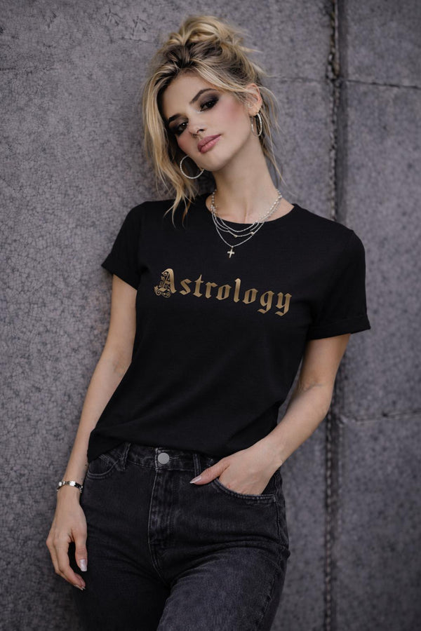 Astrology Shirt – Gothic Zodiac Tee – Dark Academia Aesthetic T-Shirt – Minimal Gold Celestial Graphic Top