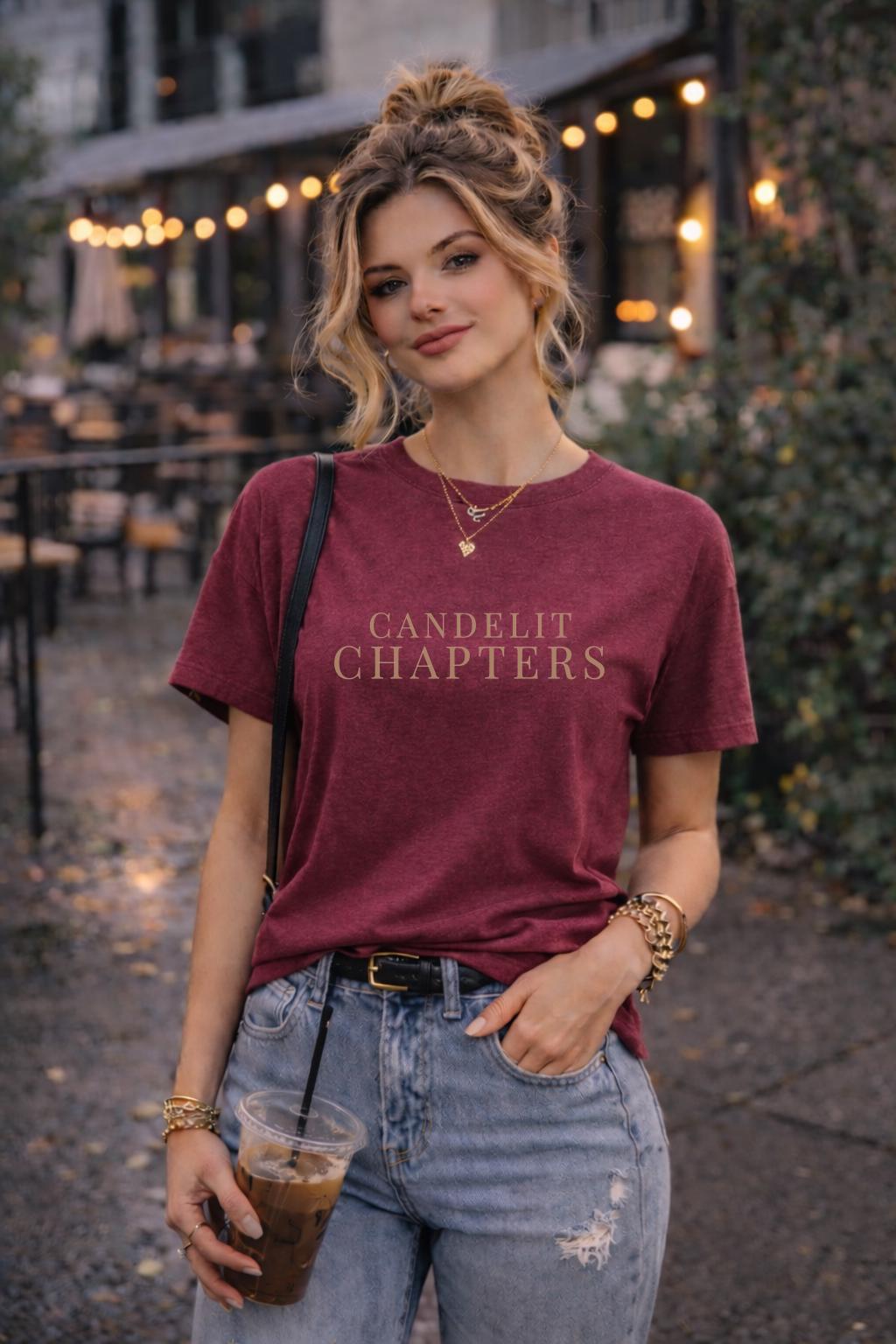 Dark academia book lover shirt featuring Candlelit Chapters design with moody vintage aesthetic, perfect literary graphic tee for readers