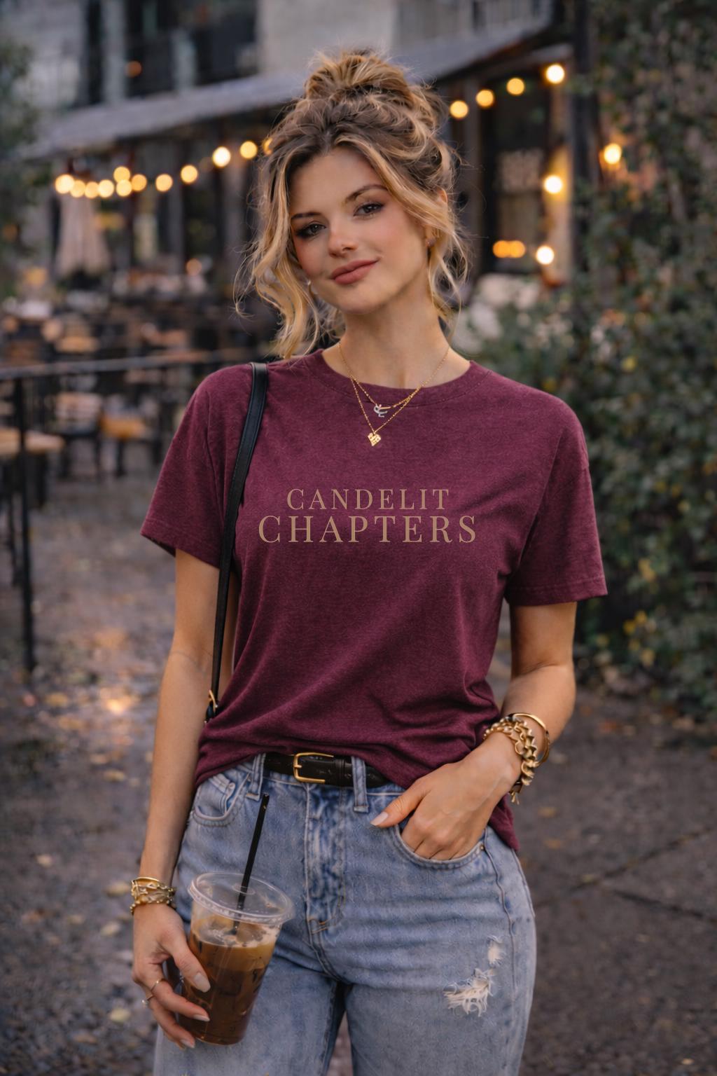 Book lover shirt for women, dark academia graphic tee with Candlelit Chapters design, literary gift for readers