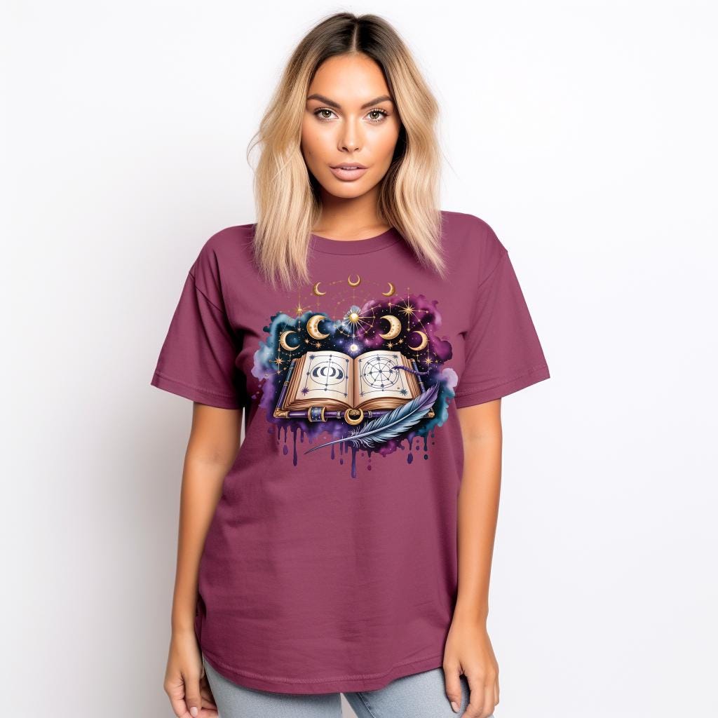 Celestial Spellbook Shirt | Moon Phase Astrology Tee | Mystic Witchy Art T-Shirt | Fantasy Magic Graphic Top