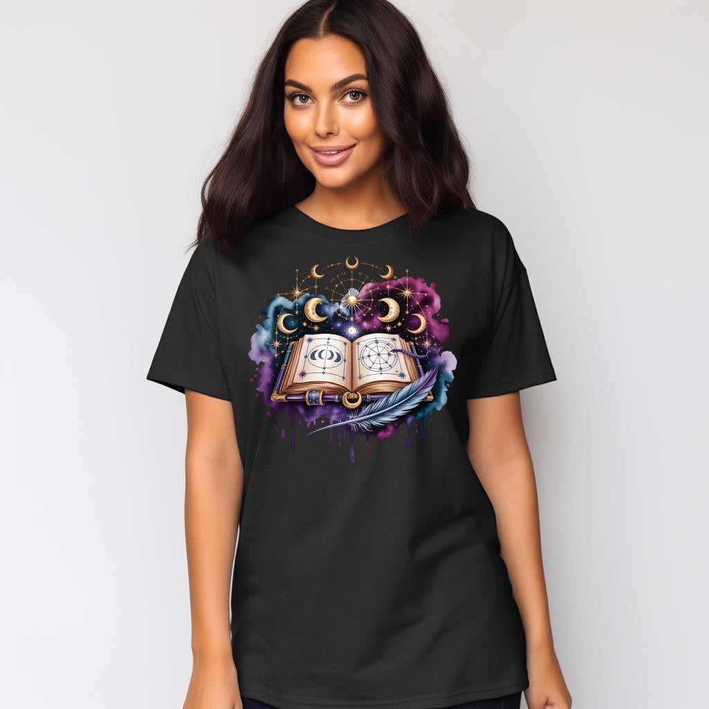 Celestial Spellbook Shirt | Moon Phase Astrology Tee | Mystic Witchy Art T-Shirt | Fantasy Magic Graphic Top
