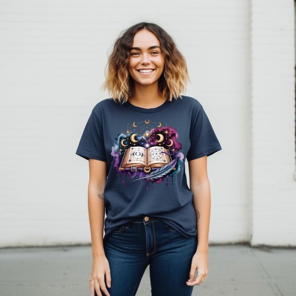 Celestial Spellbook Shirt | Moon Phase Astrology Tee | Mystic Witchy Art T-Shirt | Fantasy Magic Graphic Top