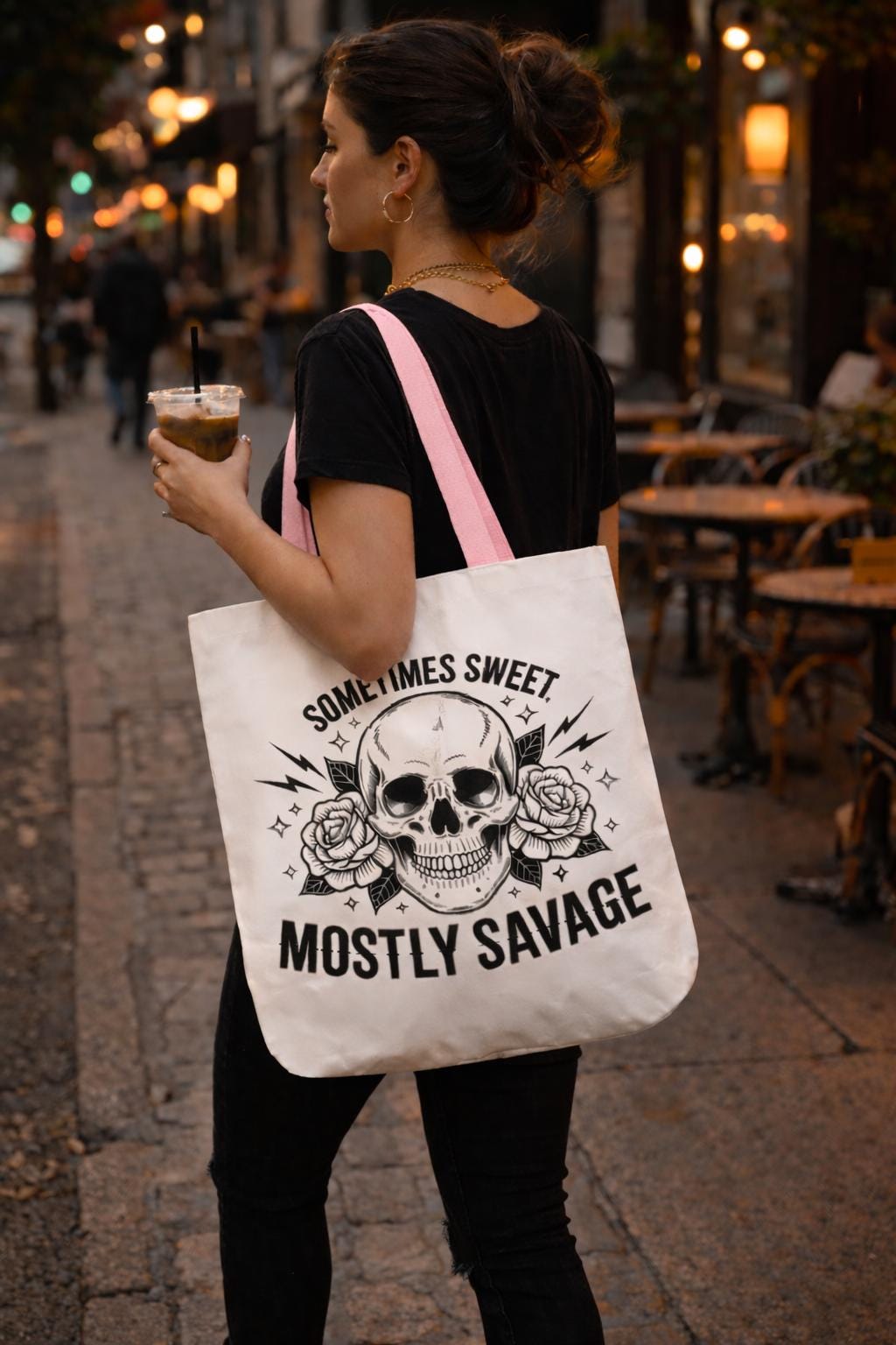 Sometimes Sweet Mostly Savage Tote Bag – Skull & Roses Canvas Tote – Edgy Feminine Graphic Bag – Gift for Her