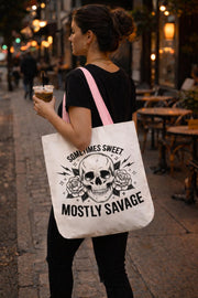Sometimes Sweet Mostly Savage Tote Bag – Skull & Roses Canvas Tote – Edgy Feminine Graphic Bag – Gift for Her