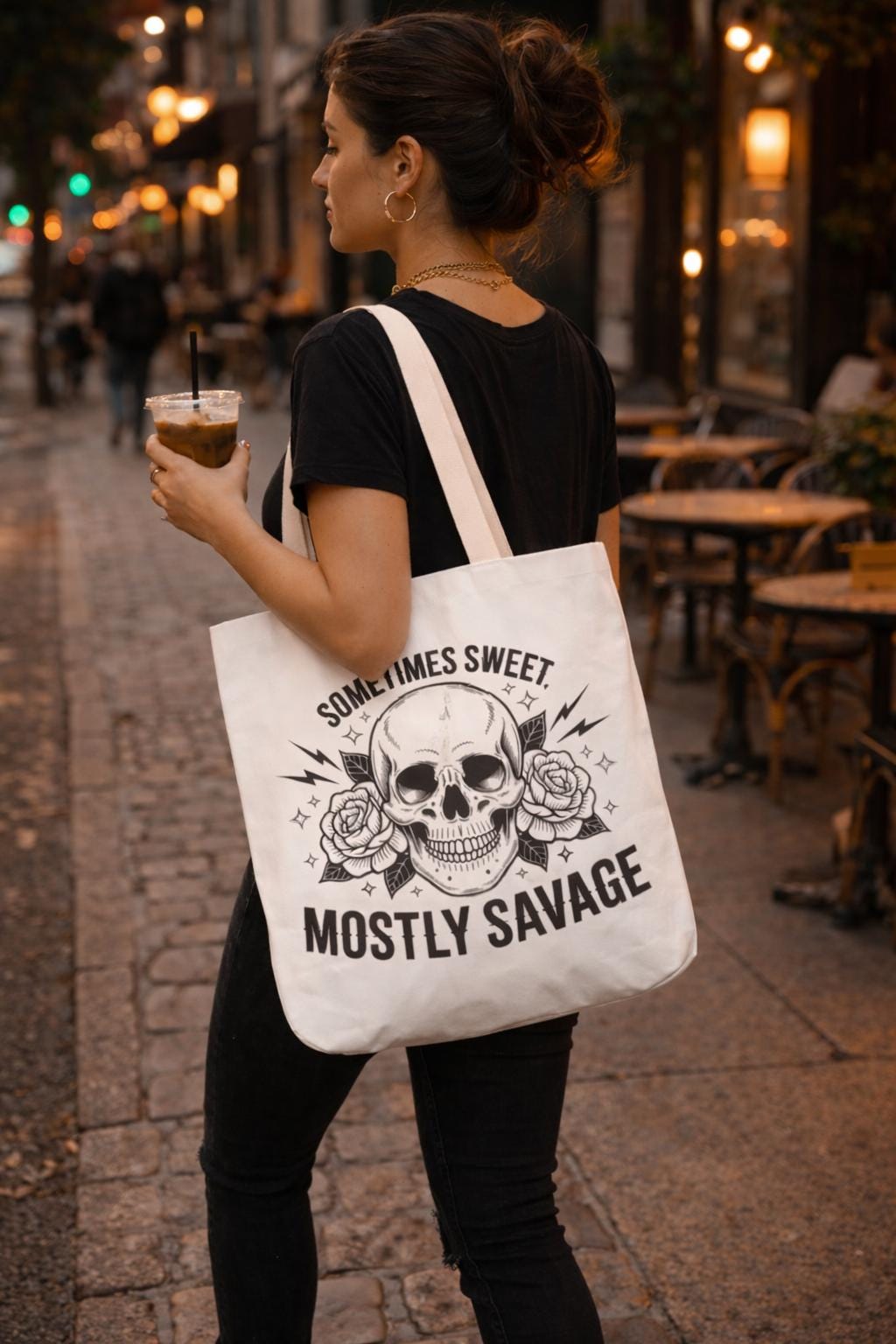 Sometimes Sweet Mostly Savage Tote Bag – Skull & Roses Canvas Tote – Edgy Feminine Graphic Bag – Gift for Her