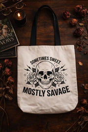 Sometimes Sweet Mostly Savage Tote Bag – Skull & Roses Canvas Tote – Edgy Feminine Graphic Bag – Gift for Her