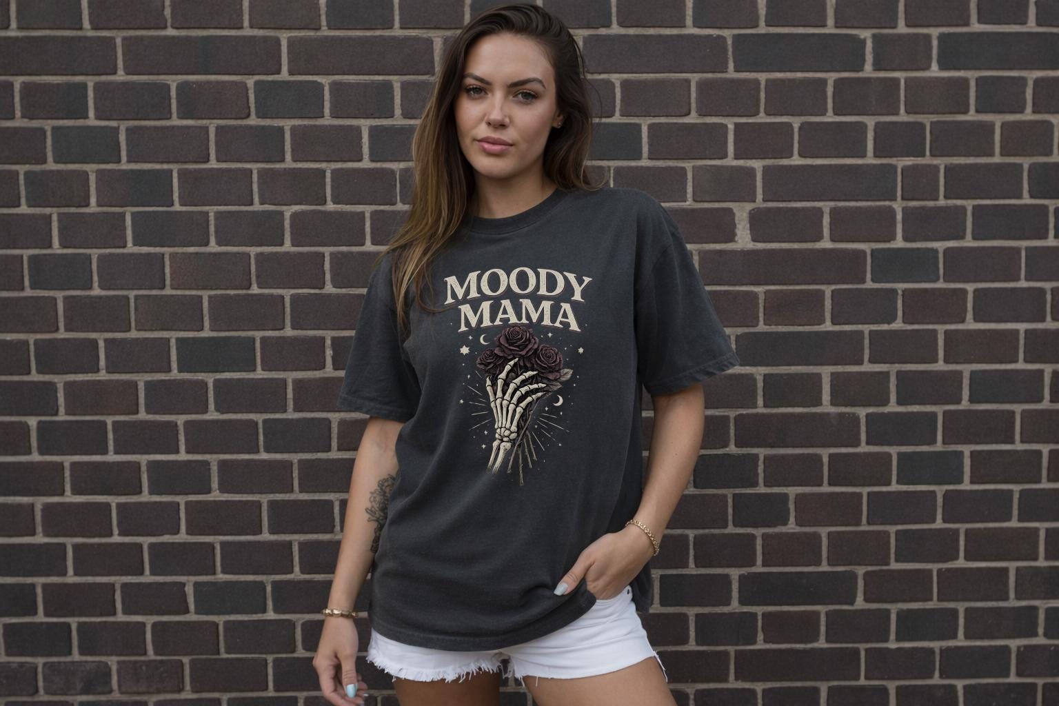 Moody Mama Shirt, Gothic Mom Tee, Dark Feminine Graphic Tee, Skeleton Hand Rose Shirt, Alternative Mom Shirt, Edgy Aesthetic Top