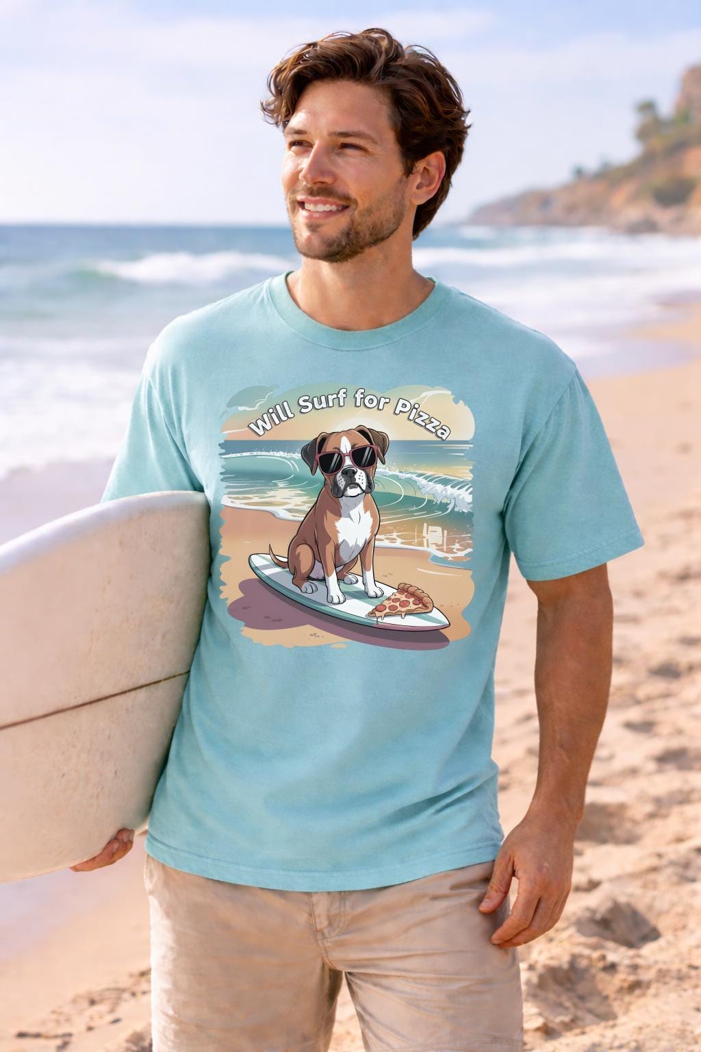 Will Surf for Pizza Shirt, Funny Beach Dog Graphic Tee, Summer Vacation T-Shirt
