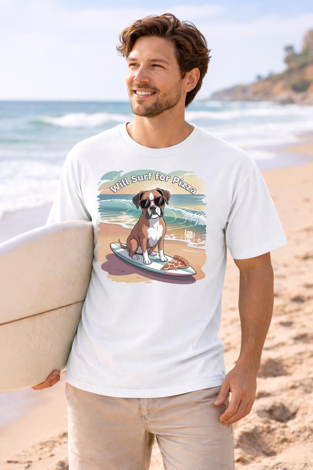 Will Surf for Pizza Shirt, Funny Beach Dog Graphic Tee, Summer Vacation T-Shirt