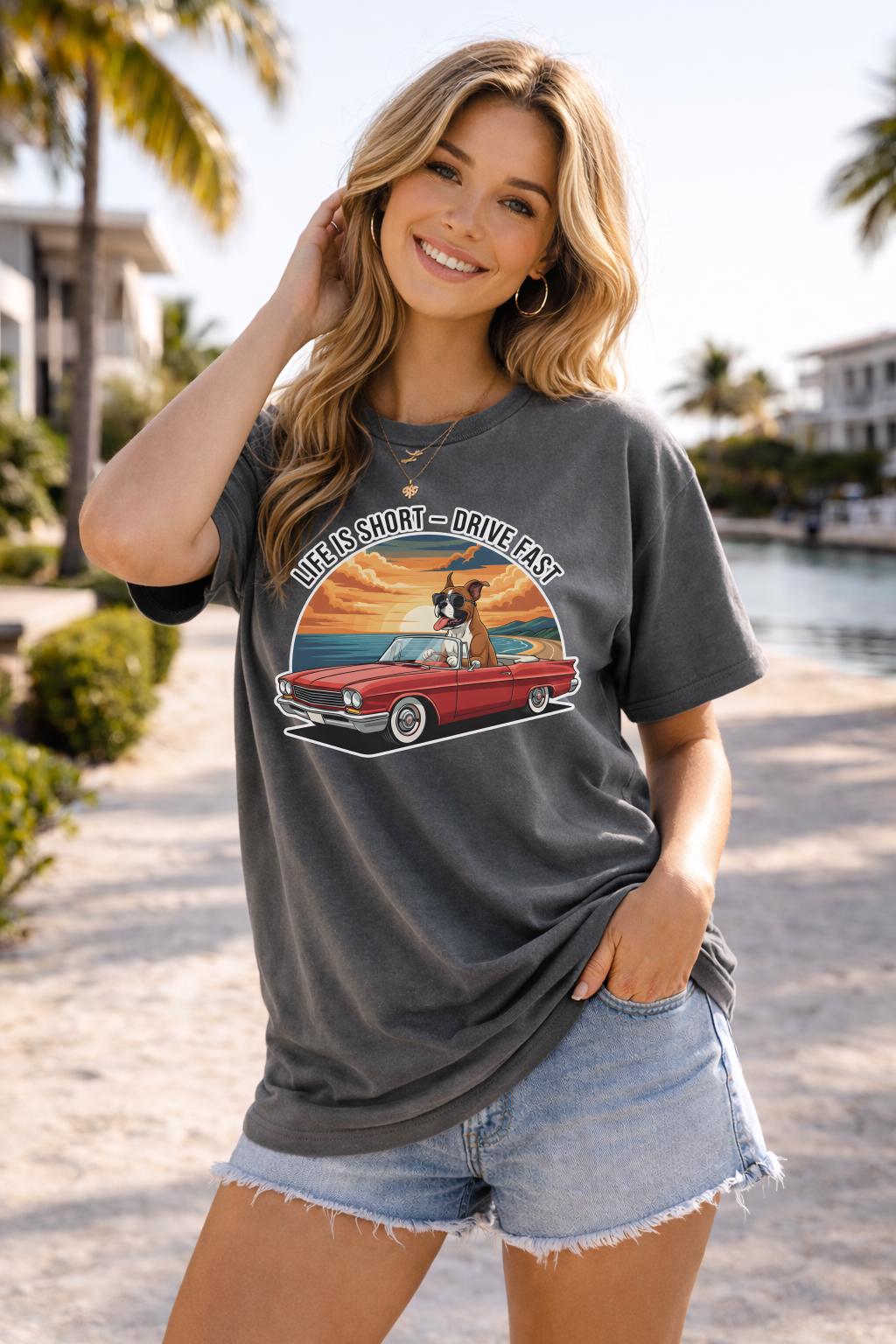 Life Is Short Drive Fast Shirt, Funny Dog Car Graphic Tee, Retro Sunset Comfort Colors 1717 T-Shirt