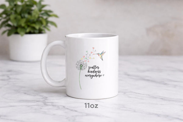 Scatter Kindness Everywhere Mug, Hummingbird Floral Coffee Cup, Inspirational Ceramic Mug 11oz 15oz