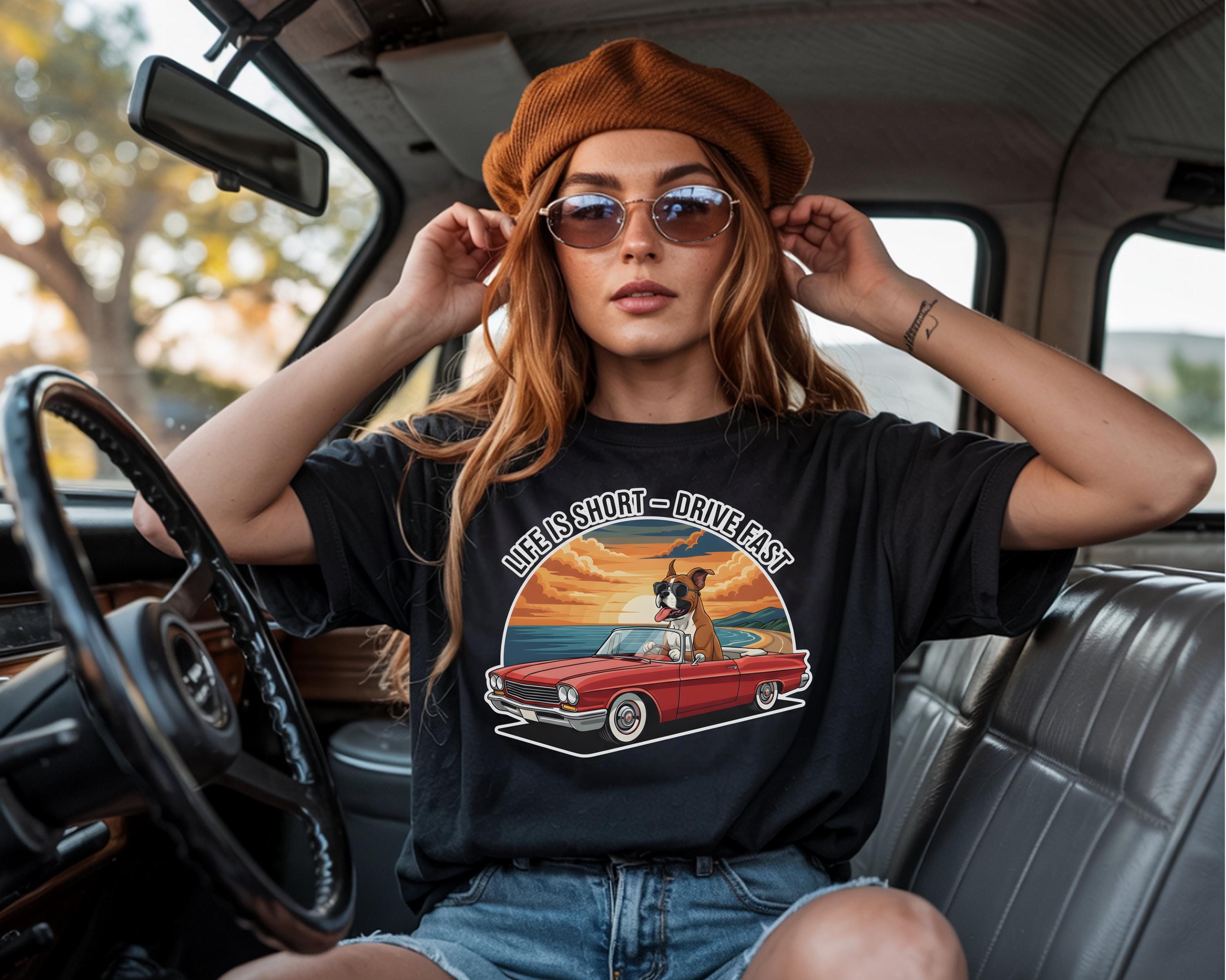 Life Is Short Drive Fast Shirt, Funny Dog Car Graphic Tee, Retro Sunset Comfort Colors 1717 T-Shirt