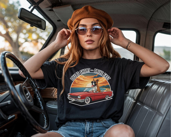 Life Is Short Drive Fast Shirt, Funny Dog Car Graphic Tee, Retro Sunset Comfort Colors 1717 T-Shirt
