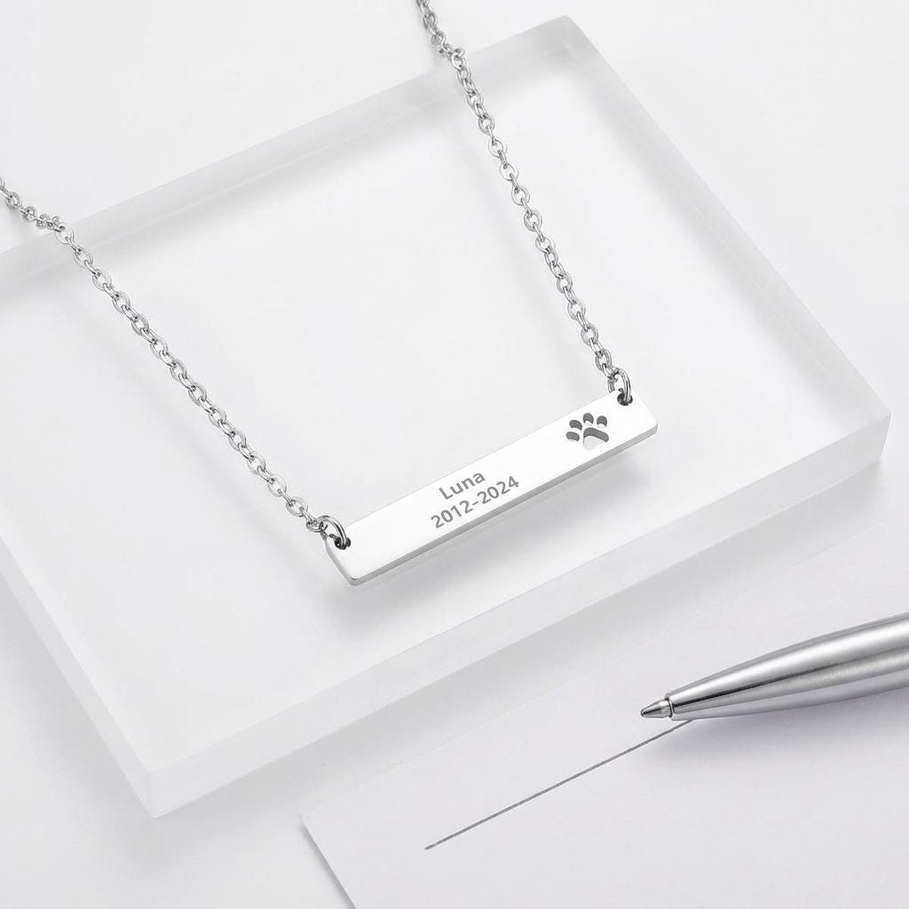 Personalized Paw Print Bar Necklace, Custom Pet Name Engraved Jewelry, Dog Mom Gift Memorial Necklace