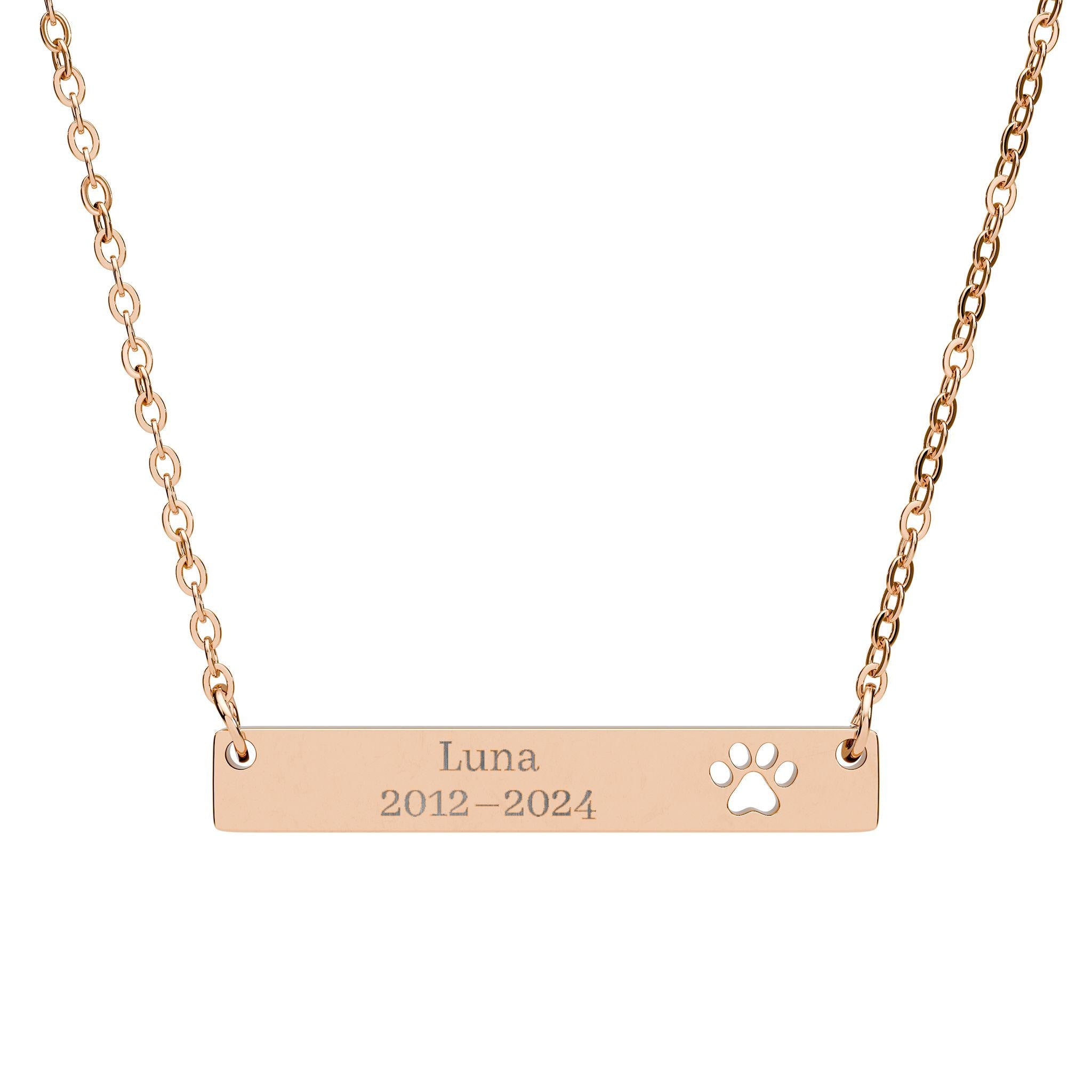 Personalized Paw Print Bar Necklace, Custom Pet Name Engraved Jewelry, Dog Mom Gift Memorial Necklace