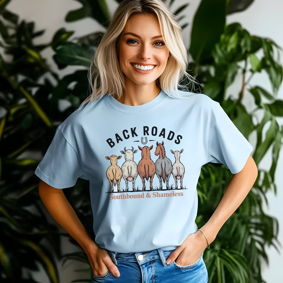 Back Roads Southbound & Shameless Shirt, Funny Farm Graphic Tee, Country Girl Western Barnyard T-Shirt
