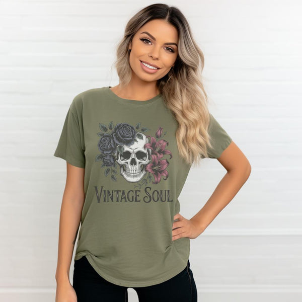 Vintage Soul Gothic Skull Shirt, Dark Floral Cottagecore Tee, Distressed Witchy Aesthetic Graphic T-Shirt