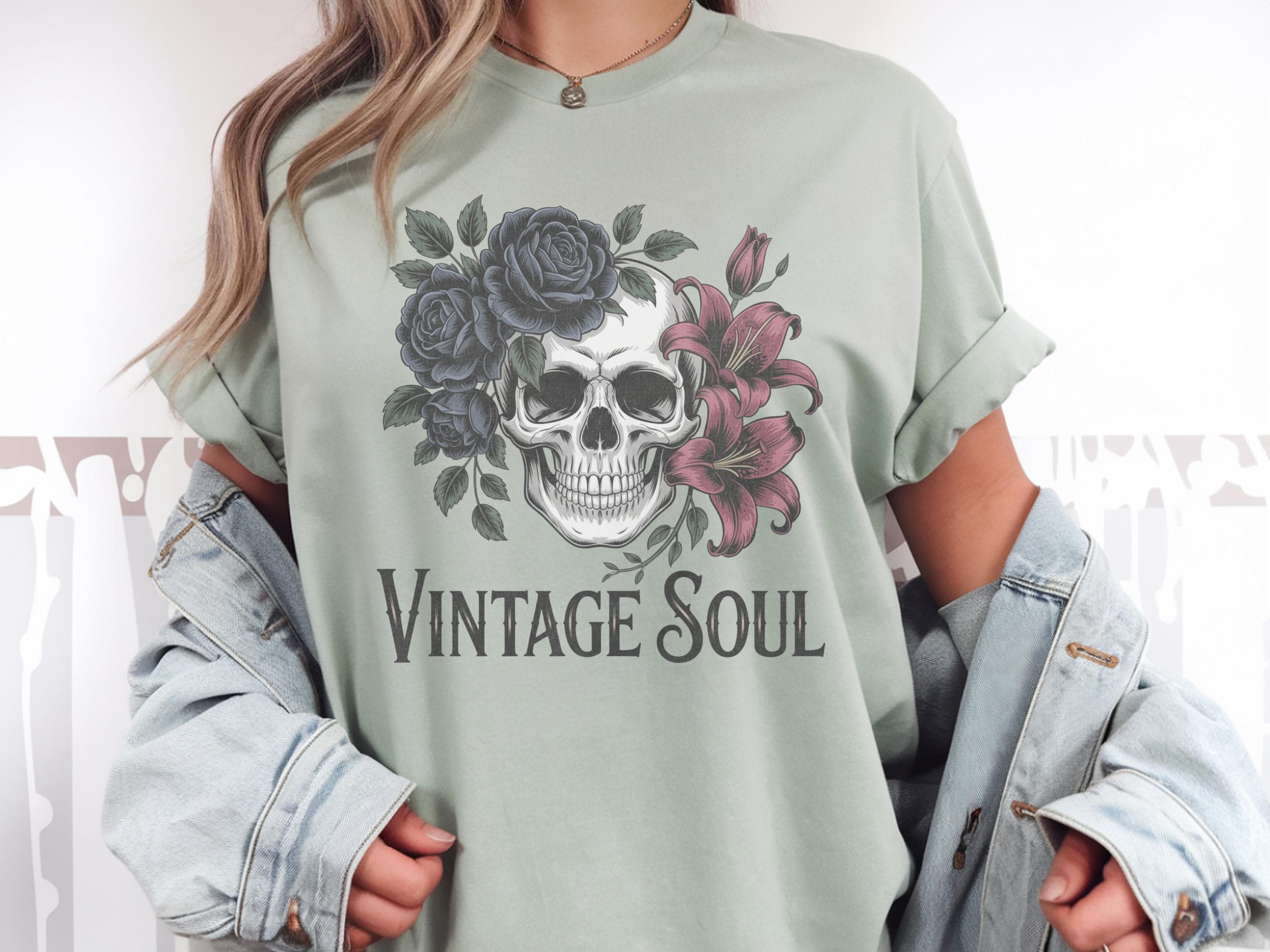 Vintage Soul Gothic Skull Shirt, Dark Floral Cottagecore Tee, Distressed Witchy Aesthetic Graphic T-Shirt