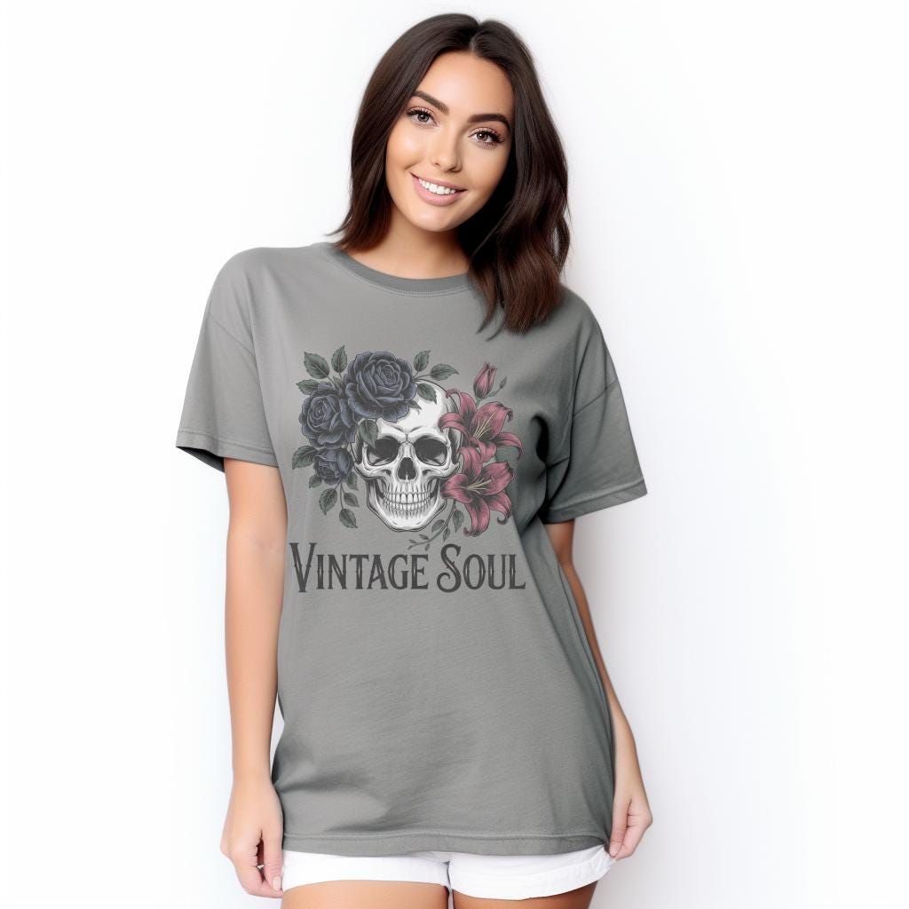 Vintage Soul Gothic Skull Shirt, Dark Floral Cottagecore Tee, Distressed Witchy Aesthetic Graphic T-Shirt