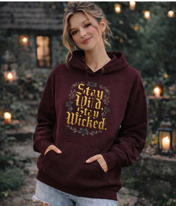 Stay Wild Stay Wicked Hoodie, Gothic Gold Foil Sweatshirt, Dark Cottagecore Aesthetic Pullover, Witchy Vintage Graphic Hoodie