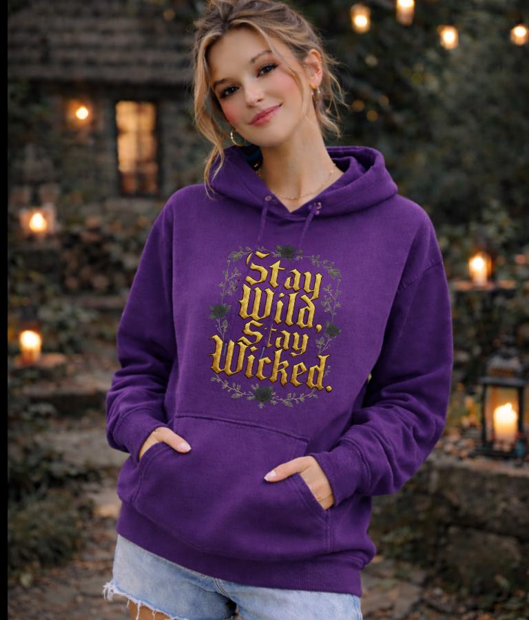 Stay Wild Stay Wicked Hoodie, Gothic Gold Foil Sweatshirt, Dark Cottagecore Aesthetic Pullover, Witchy Vintage Graphic Hoodie