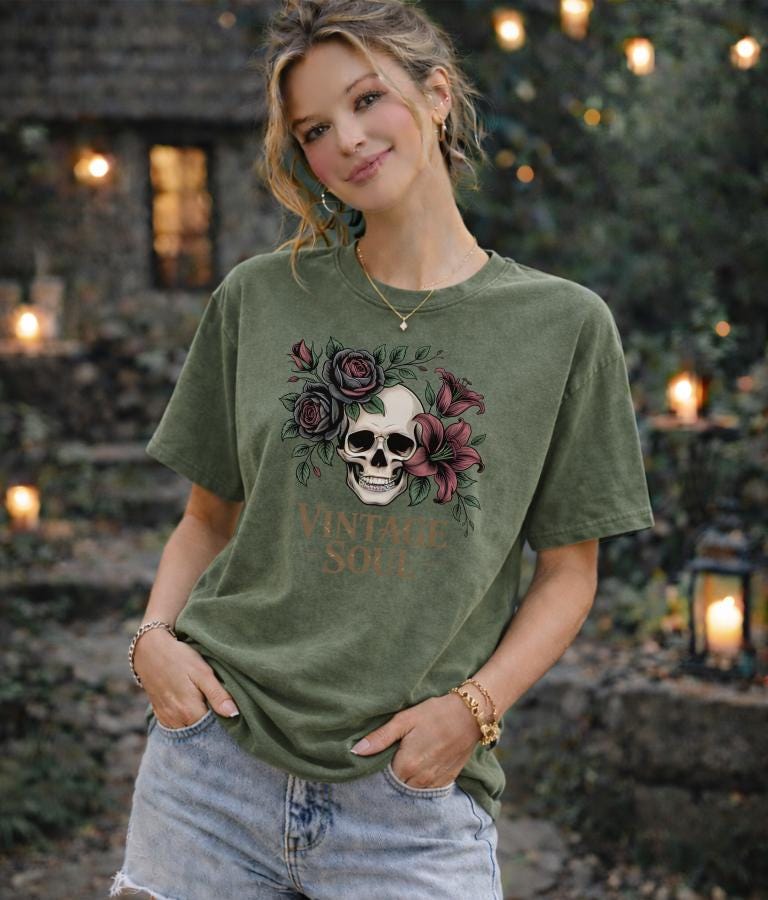 Vintage Soul Skull Shirt, Gothic Floral T-Shirt, Dark Cottagecore Aesthetic Tee, Moody Romantic Graphic Top