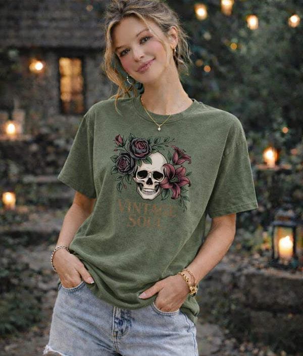Vintage Soul Skull Shirt, Gothic Floral T-Shirt, Dark Cottagecore Aesthetic Tee, Moody Romantic Graphic Top