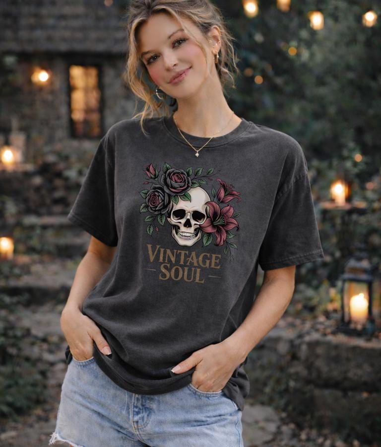 Vintage Soul Skull Shirt, Gothic Floral T-Shirt, Dark Cottagecore Aesthetic Tee, Moody Romantic Graphic Top