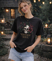 Vintage Soul Skull Shirt, Gothic Floral T-Shirt, Dark Cottagecore Aesthetic Tee, Moody Romantic Graphic Top