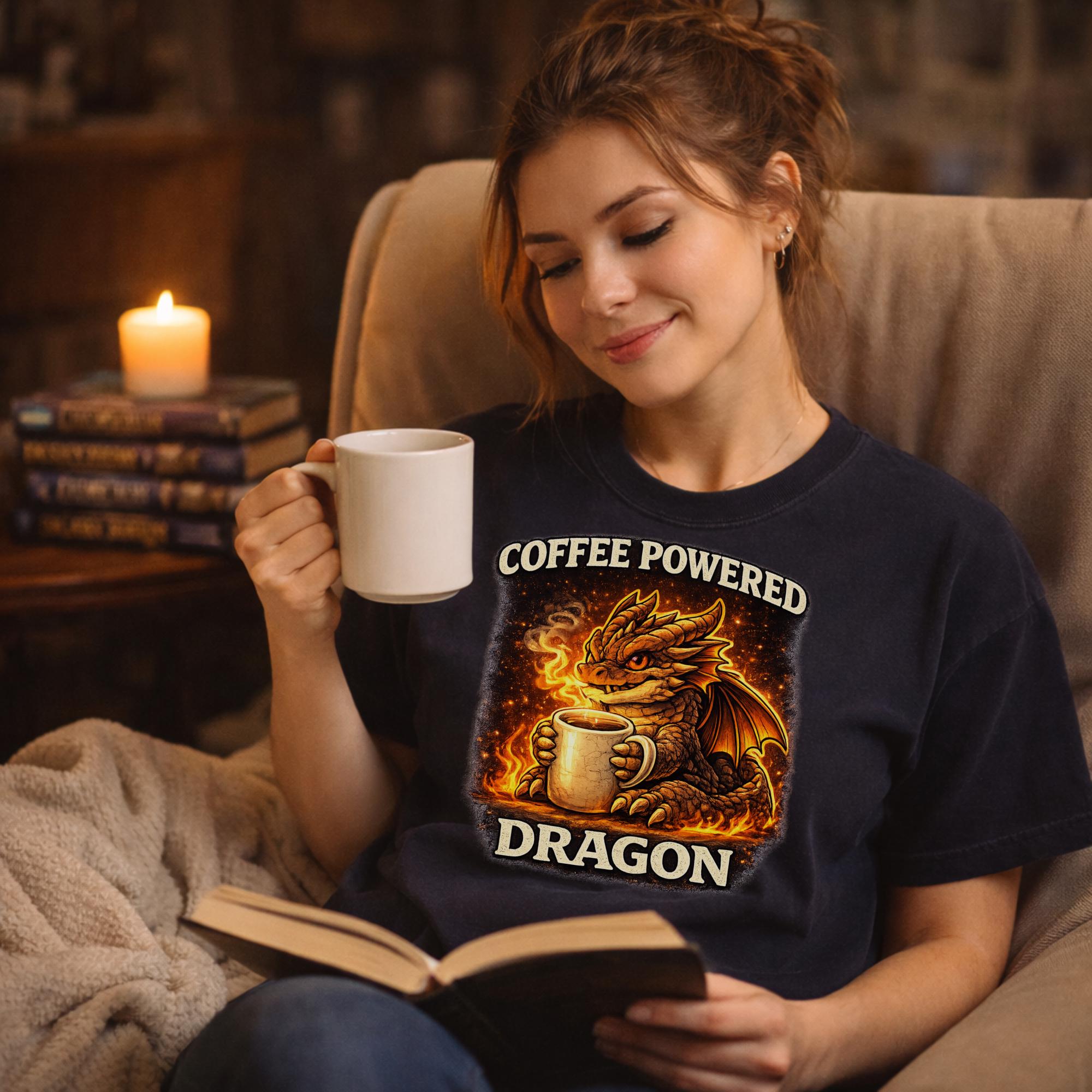 Coffee Powered Dragon Shirt, Funny Dragon Coffee Tee, Dragon Lover Shirt, Fantasy Dragon Shirt, Booktok Reader Tee, Coffee Lover Gift