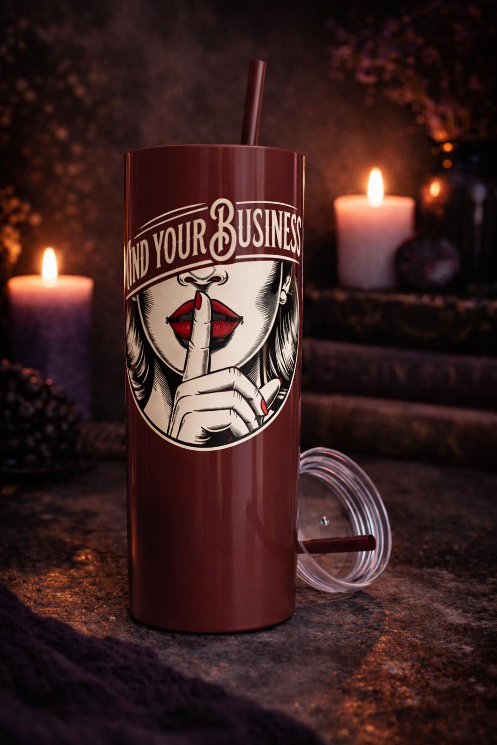 Mind Your Business Tumbler 20oz | Sassy Gothic Skinny Tumbler with Straw | Funny Attitude Gift for Her | Dark Aesthetic Travel Cup