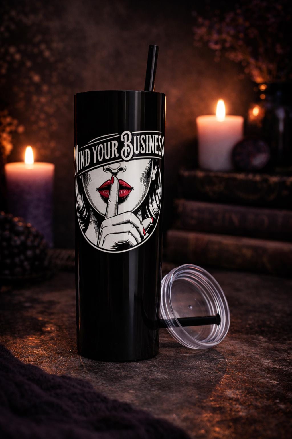 Mind Your Business Tumbler 20oz | Sassy Gothic Skinny Tumbler with Straw | Funny Attitude Gift for Her | Dark Aesthetic Travel Cup